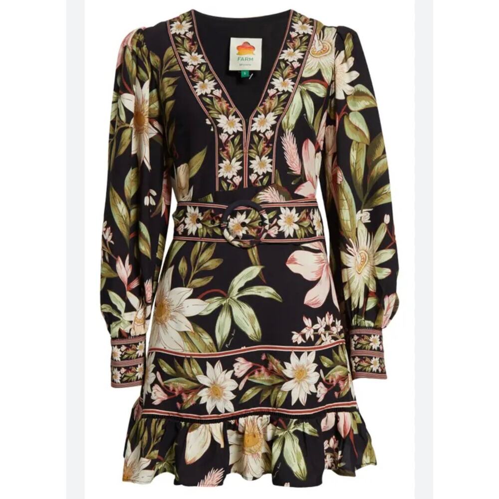 Farm Rio Black Surreal Flowers Long Sleeve Mini Dress size small (New) - Picture 4 of 7